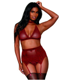 Ensemble 4 pièces soutien gorge, tour de cou, string et porte jarretelles rouge - DG11776GAR